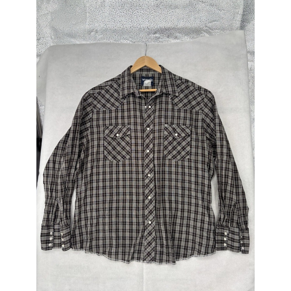 Wrangler Mens XL Shirt Western Pearl Snap L/SL Button-Down Plaid Black & White